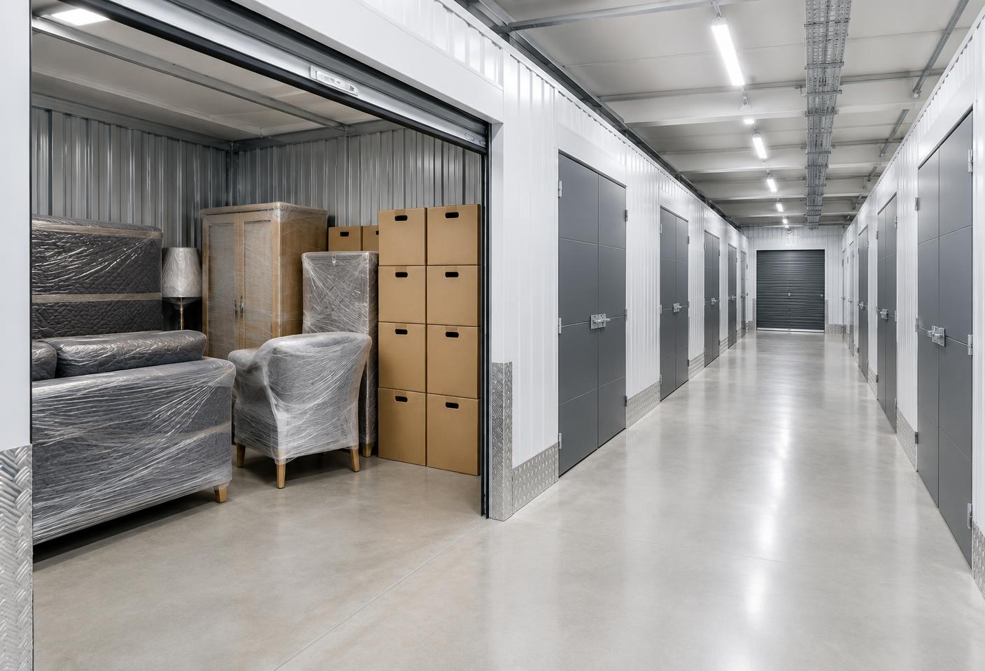 Meubles protégés et cartons rangés dans un garde-meuble sécurisé