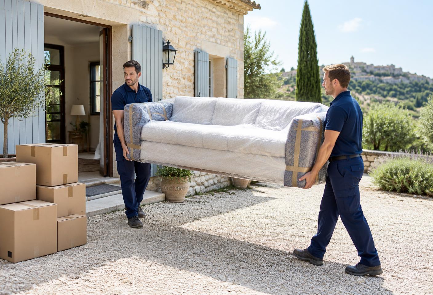 Déménageurs transportant avec soin un canapé protégé depuis une maison