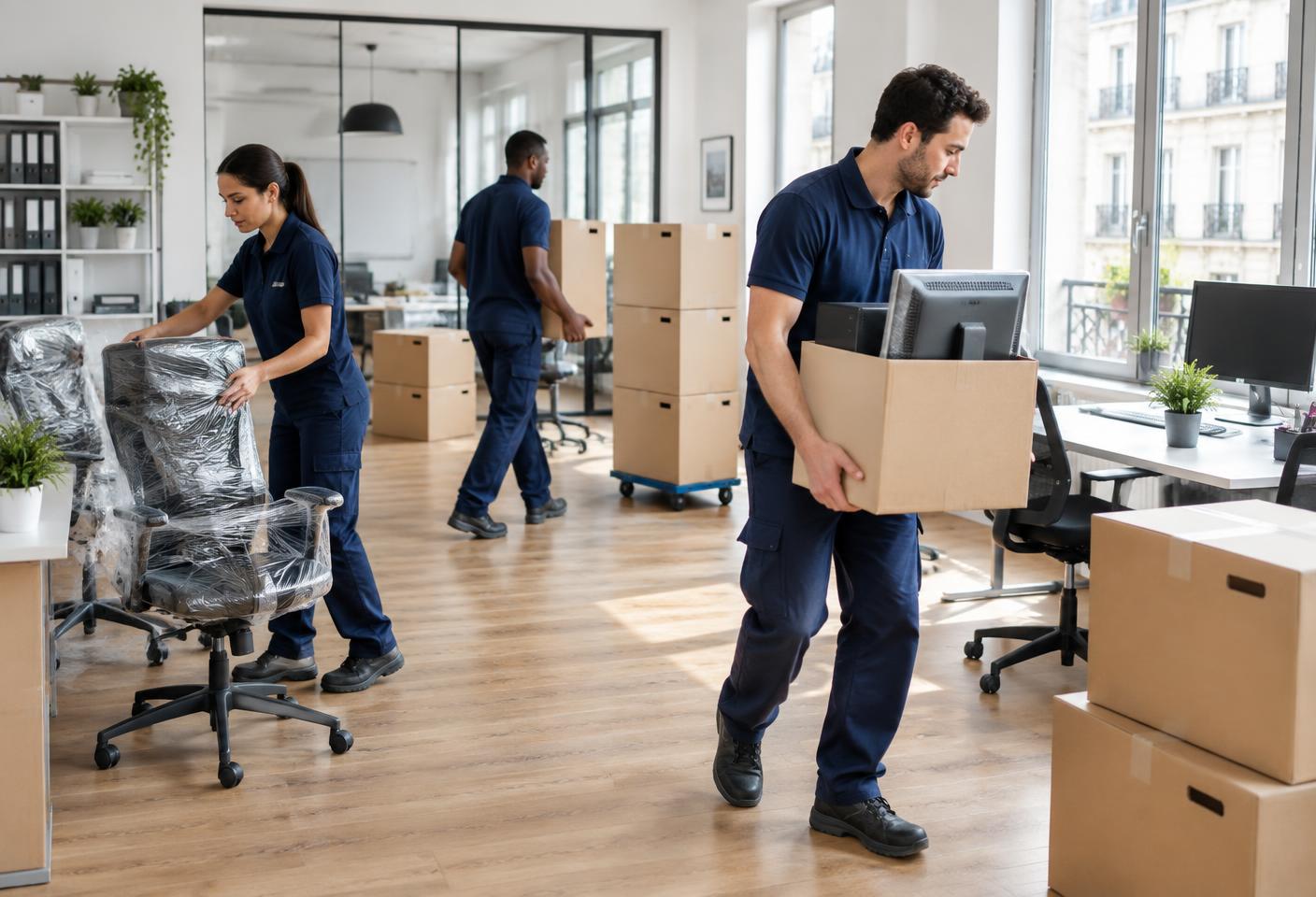 Équipe de déménagement organisant le transfert d’un bureau